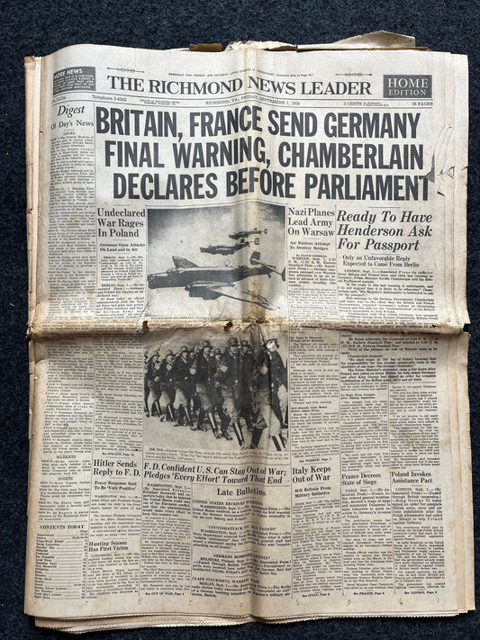 1939 Early WW2 Newspaper, FDR Pope Pius Attempt Peace, World War 2 Memorabilia Gifts, History Gifts, Vintage Newspaper, WW3