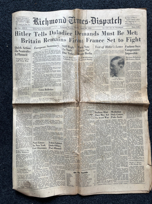 1939 WW2 Early Vintage Newspaper, Wall Decor, German Blitzkreig, Gift for him, World War 2 Memorabilia Gifts, History Gifts, WW3