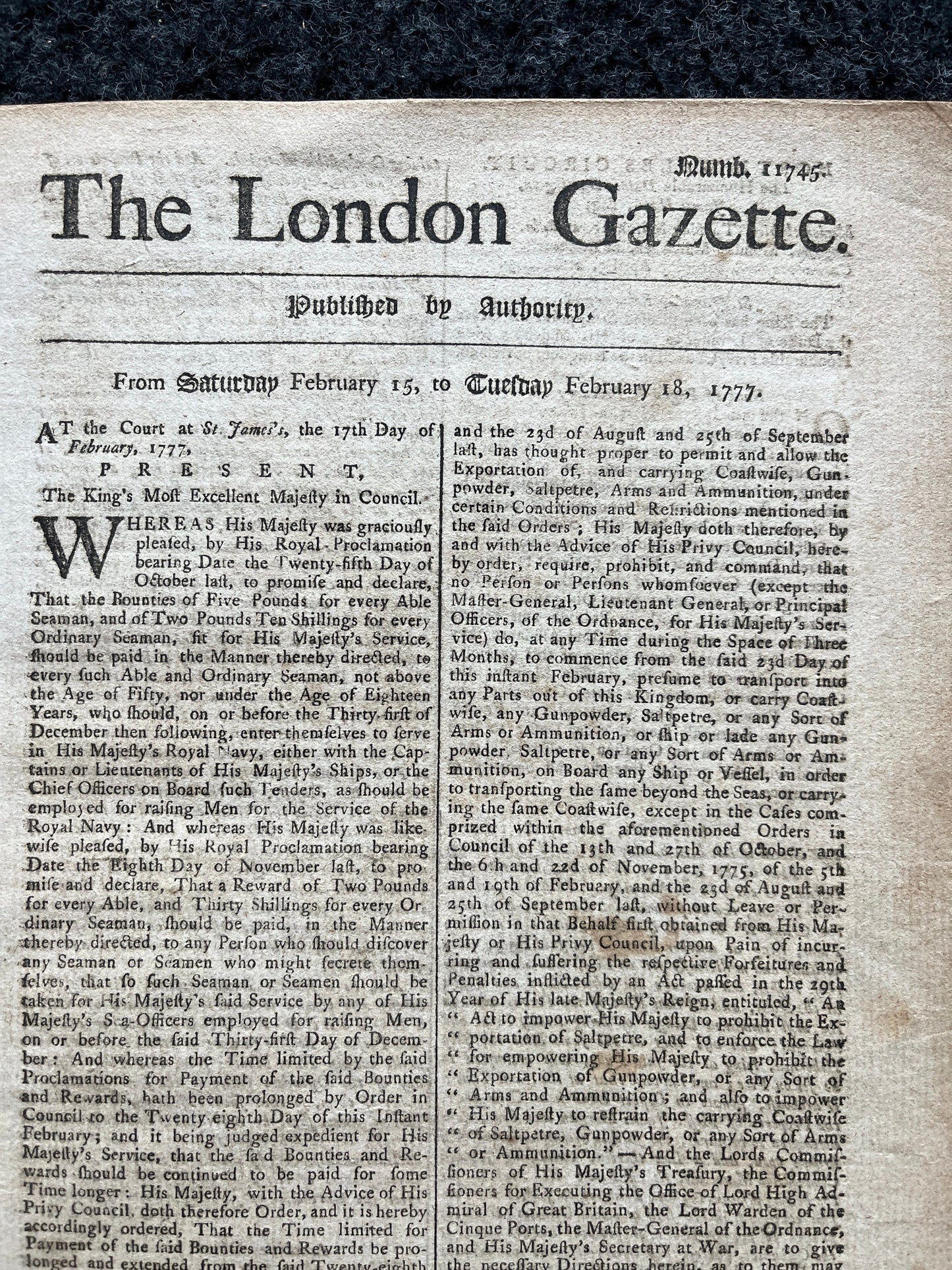 1777 London Gazette, History Wall Art, Original Antique Pamphlet, American President History and Wall Decor, George Washington