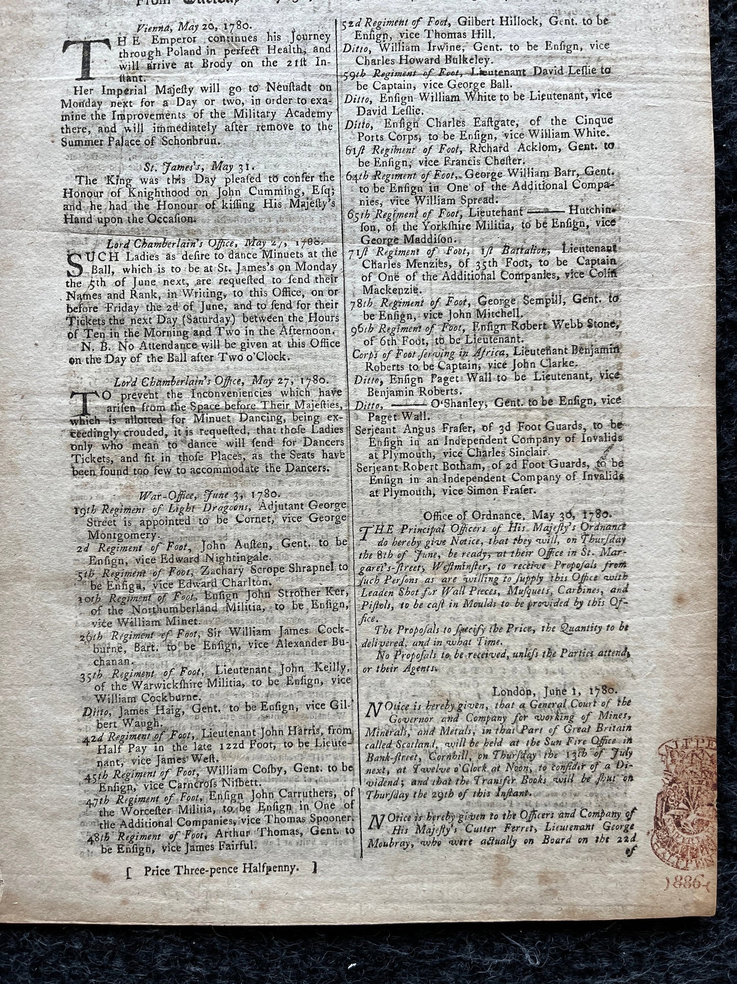 1780 King George in Poland, London Gazette, History Wall Art, Original Antique Pamphlet, American President History and Wall Decoration