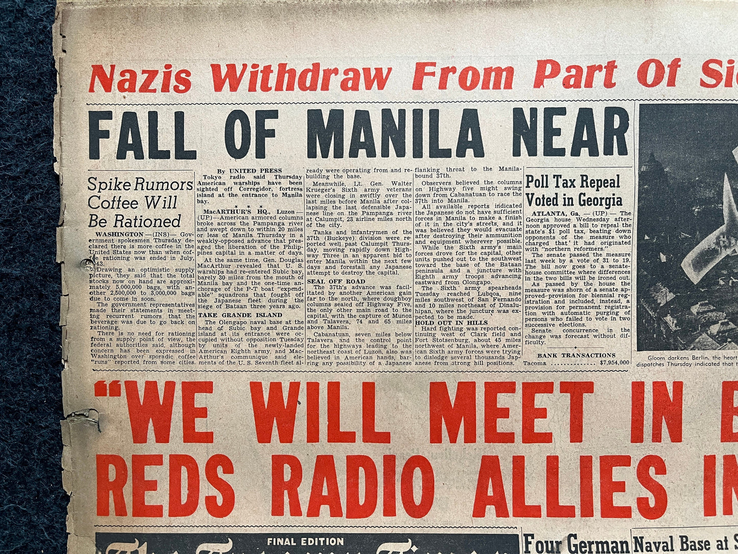 1945 WW2 Liberation of Philippines - Manila Freed from Japanese Forces - General MacArthur Promise - Pacific Theater World War 2 Newspaper