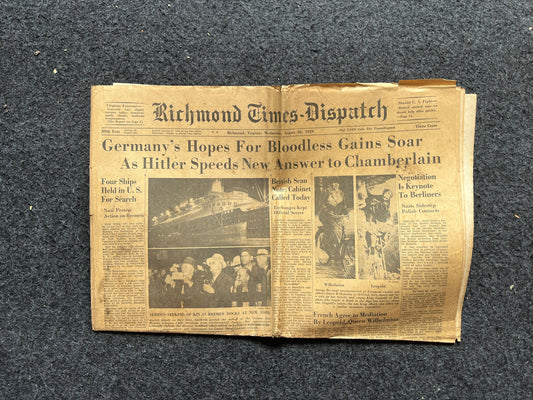 1939 Chamberlin Peace WW2 Early Vintage Newspaper, Wall Decor, German Blitzkreig, Gift for him, World War 2 Memorabilia Gifts, History Gifts