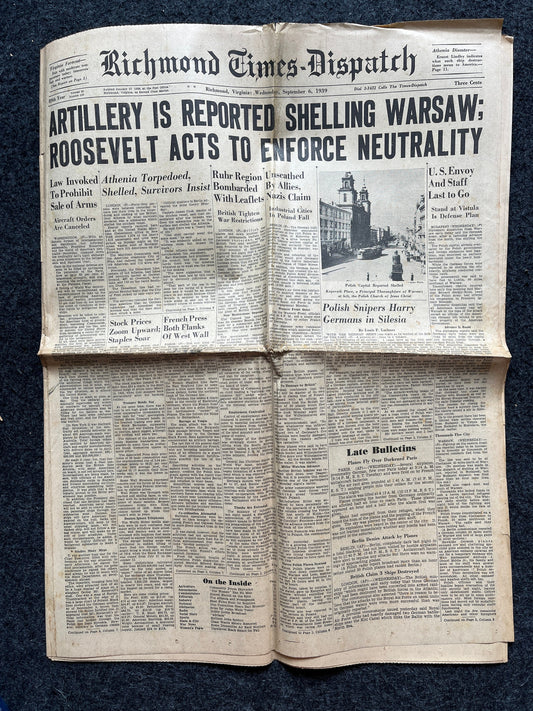 1939 Warsaw Bombed, US Neutrality WW2 Early Vintage Newspaper, Wall Decor, Gift for him, World War 2 Memorabilia Gifts, History Gifts