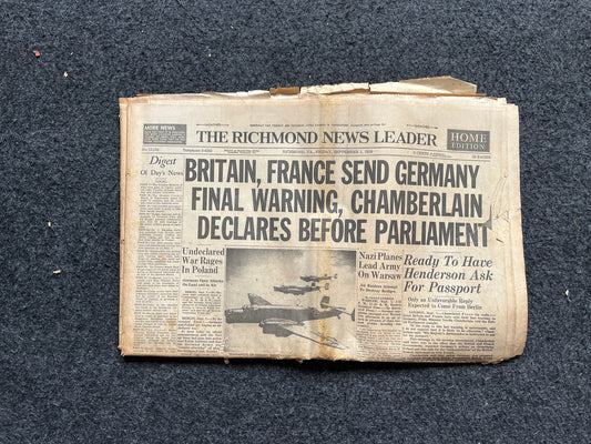 1939 Early WW2 Newspaper, FDR Pope Pius Attempt Peace, World War 2 Memorabilia Gifts, History Gifts, Vintage Newspaper, WW3