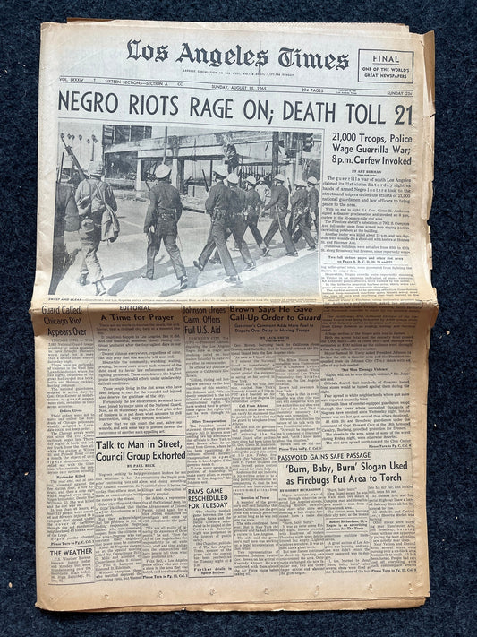 1965 LA Watts Race Riots - 1960s Civil Rights Movement and History, Los Angeles California Memorabilia, Black History, Vintage Newspaper