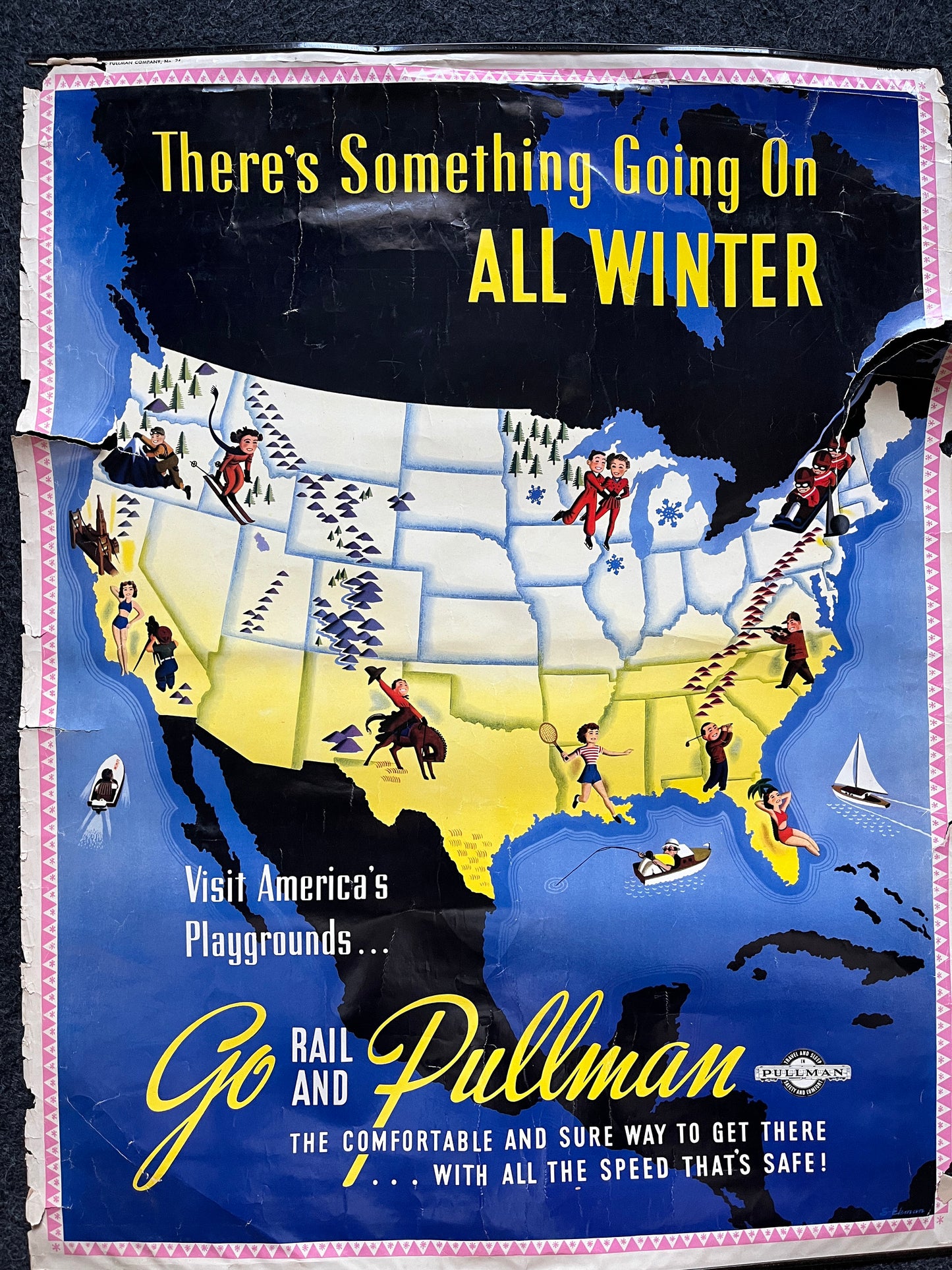 Vintage 1950s 39 x 24 Pullman Winter Railroad Poster Original Railway artwork