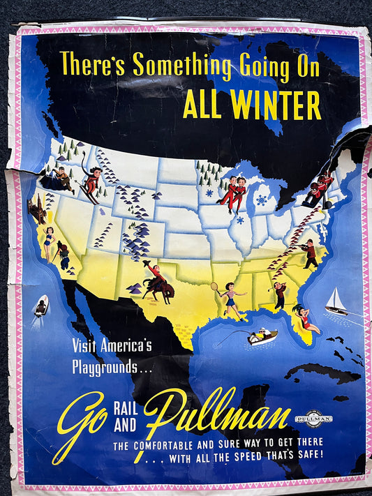 Vintage 1950s 39 x 24 Pullman Winter Railroad Poster Original Railway artwork