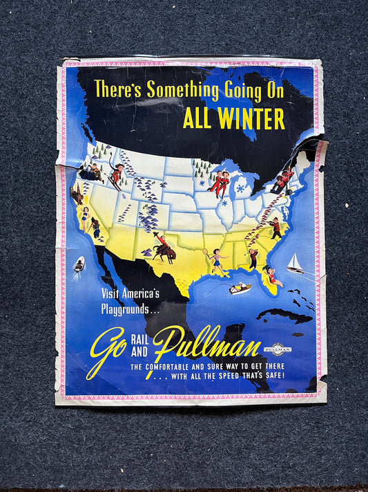 Vintage 1950s 39 x 24 Pullman Winter Railroad Poster Original Railway artwork