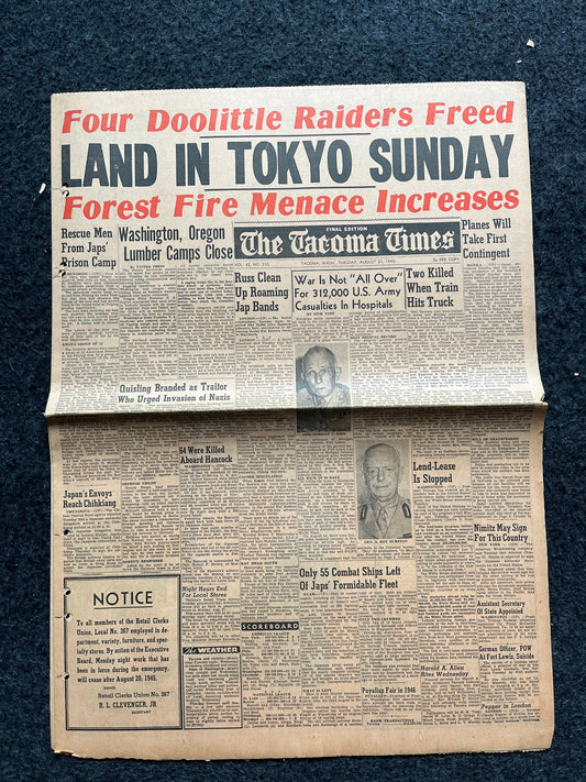 1945 Post WW2 Occupied Japan - American Flags Over Tokyo - Japanese History WW2 Memorabilia Vintage Newspaper