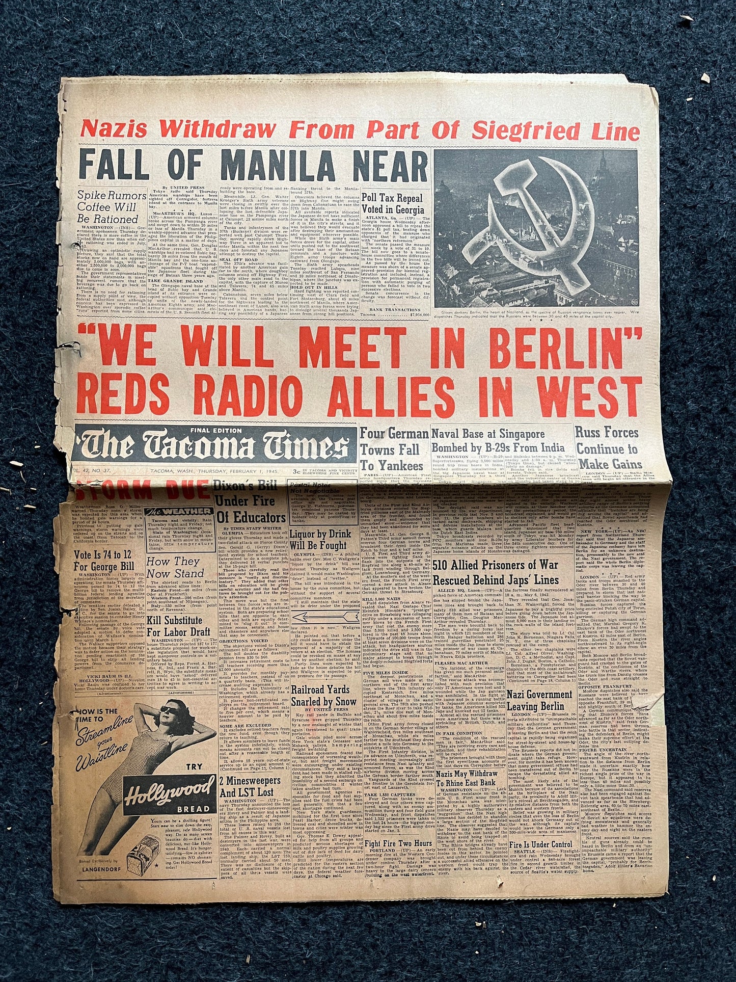 1945 WW2 Liberation of Philippines - Manila Freed from Japanese Forces - General MacArthur Promise - Pacific Theater World War 2 Newspaper