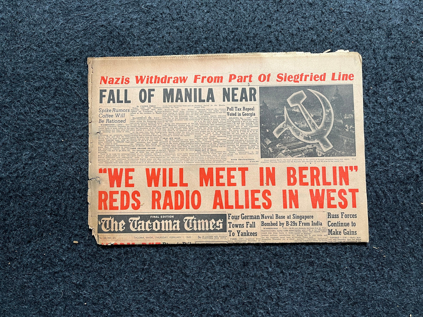 1945 WW2 Liberation of Philippines - Manila Freed from Japanese Forces - General MacArthur Promise - Pacific Theater World War 2 Newspaper