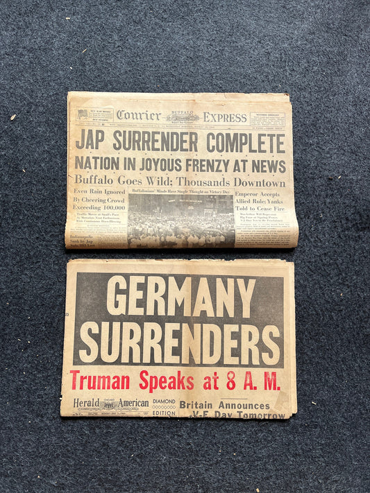 1945 Start and End of WW2 VE VJ Day – Vintage newspapers – World War 2 Memorabilia  Imperial Japan Defeated – European Pacific History WW3