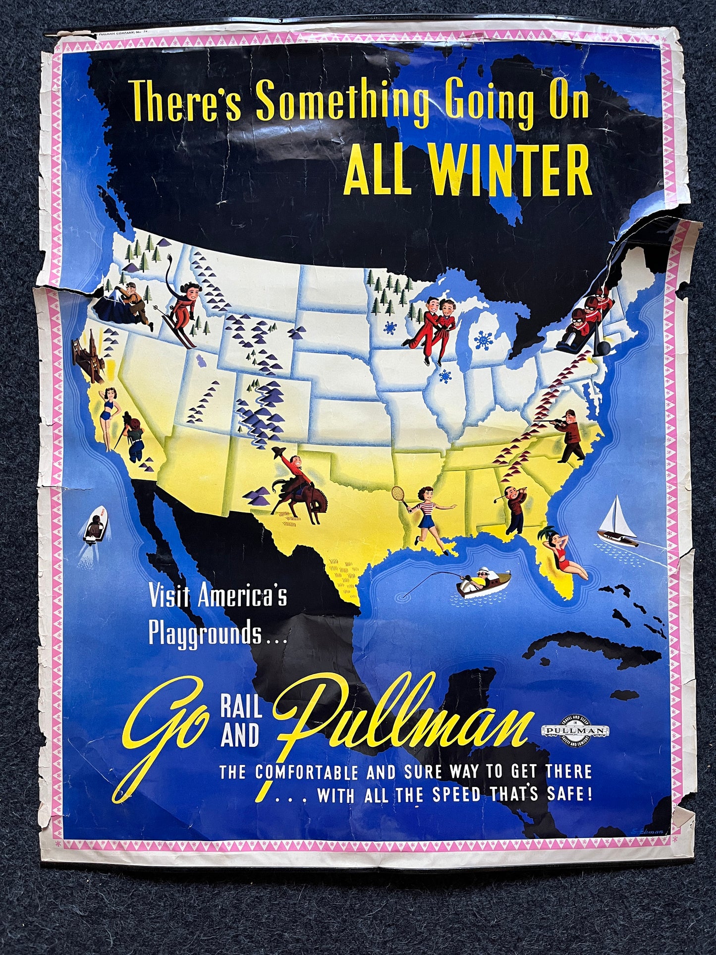 Vintage 1950s 39 x 24 Pullman Winter Railroad Poster Original Railway artwork