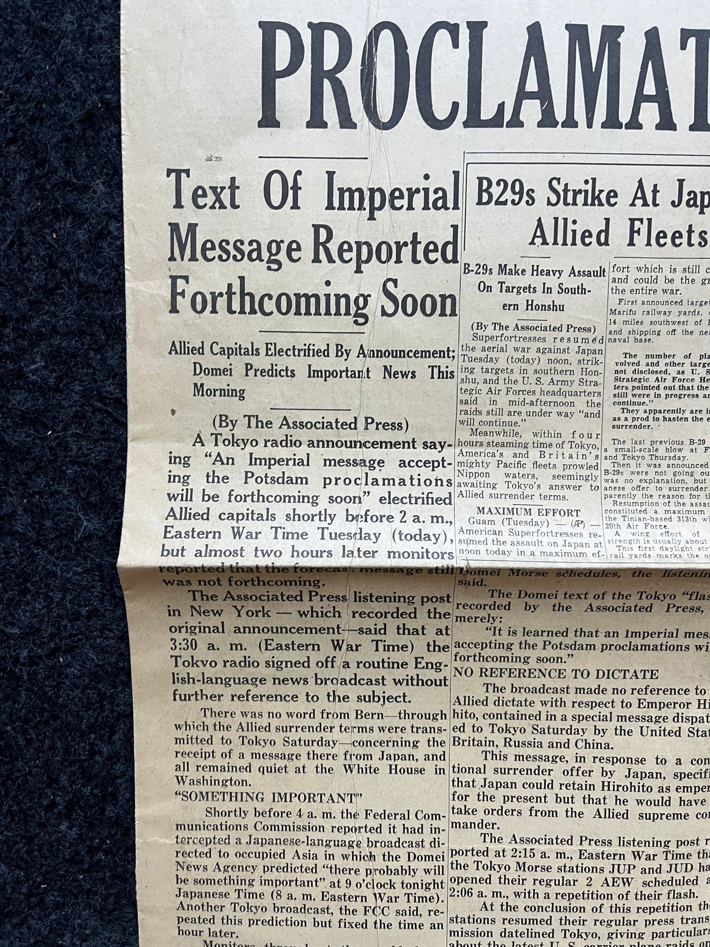 WWII Japanese Surrender - Day Before VJ Day - Extra Vintage Newspaper - Japan Unconditionally Surrenders