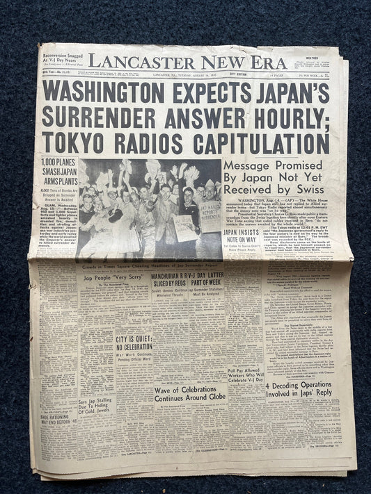 WWII Japanese Surrender - Day Before VJ Day - Extra Vintage Newspaper - Japan Unconditionally Surrenders