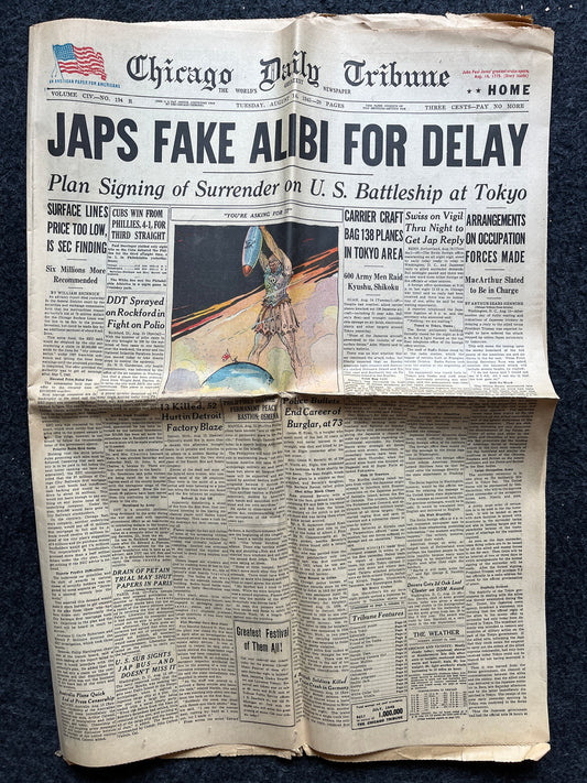 WWII Japanese Surrender - Day Before VJ Day - Extra Vintage Newspaper, vintage newspaper, ww2 memorabilia, history gifts, japanese artwork