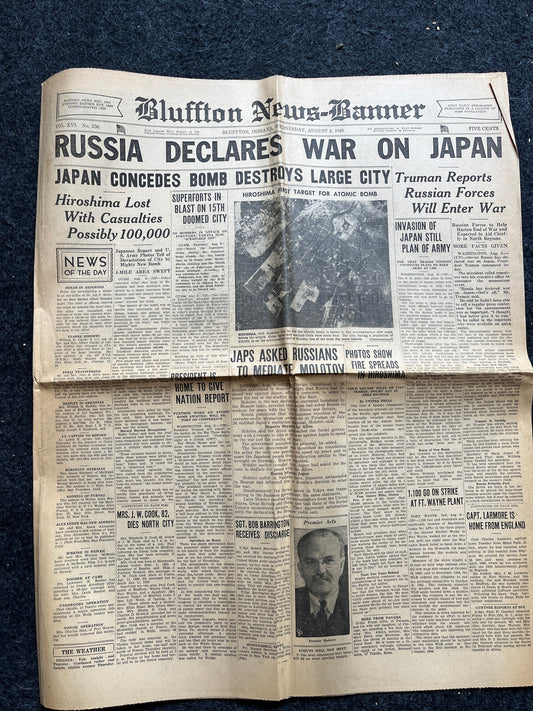 1945 Russia Declares war on Japan, World War 2 Memorabilia Gifts, History Gifts, Historic Dates, Vintage Newspaper, Original WW2 Art, WW2 Pr