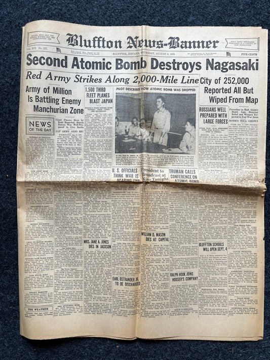 1945 WW2 Bombing of Nagasaki, Day Of, Japanese History, Original Vintage Newspaper - Military Memorabilia Gifts for Him World War 2