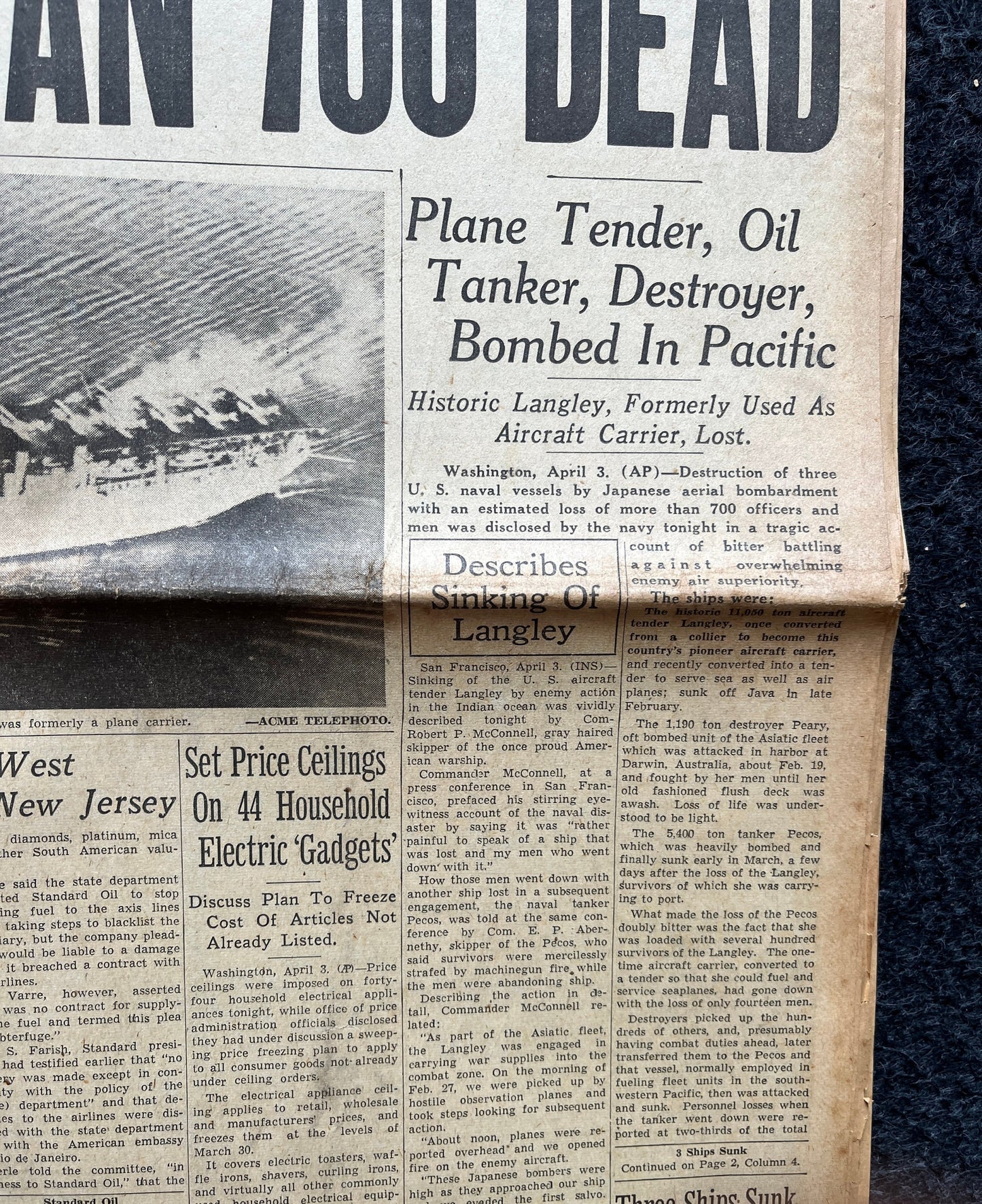 1942 Battle of Indian Ocean, WW2 Navel Memorabilia, WW2 Memorabilia Original World War 2 Newspaper - Pacific Theatre Philippines History