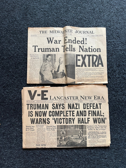 1945 Start and End of WW2 VE Day – Vintage newspapers – World War 2 Memorabila  Imperial Japan Defeated – European Pacific History WW3