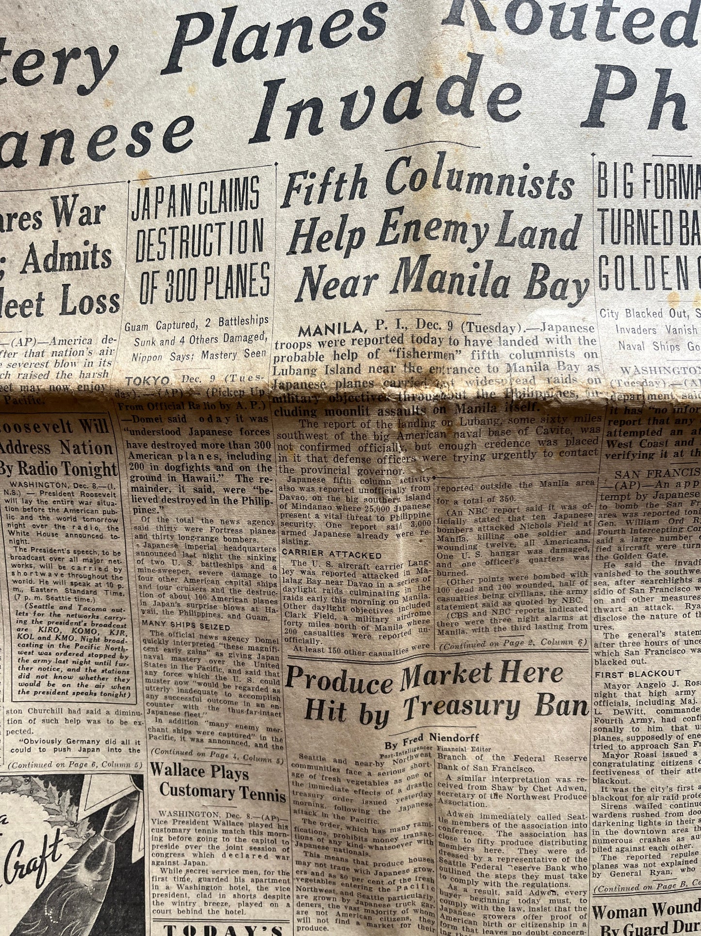 1941 WW2 San Francisco Air Raid Hoax- December 9th - Invasion of Hong Kong Guam Philippines Panama- Start of World War 2 Original Vintage