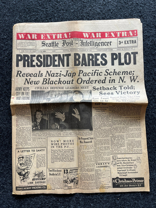 1941 WWII US Declares War on Japan, Gifts for Him, Day After Pearl Harbor – Vintage Original World War II Memorabilia Collectible Newspaper