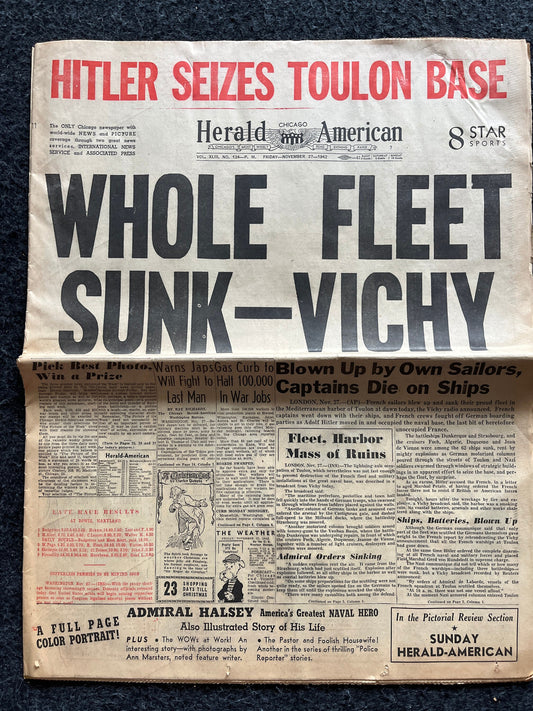 WW2 1940 France Scuttles Fleet Vintage Newspaper, German Advances into France, World War 2 Memorabilia Gifts, History Gifts, Historic Gifts