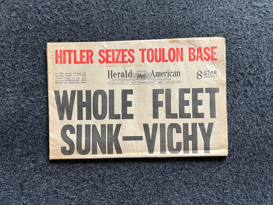 WW2 1940 France Scuttles Fleet Vintage Newspaper, German Advances into France, World War 2 Memorabilia Gifts, History Gifts, Historic Gifts