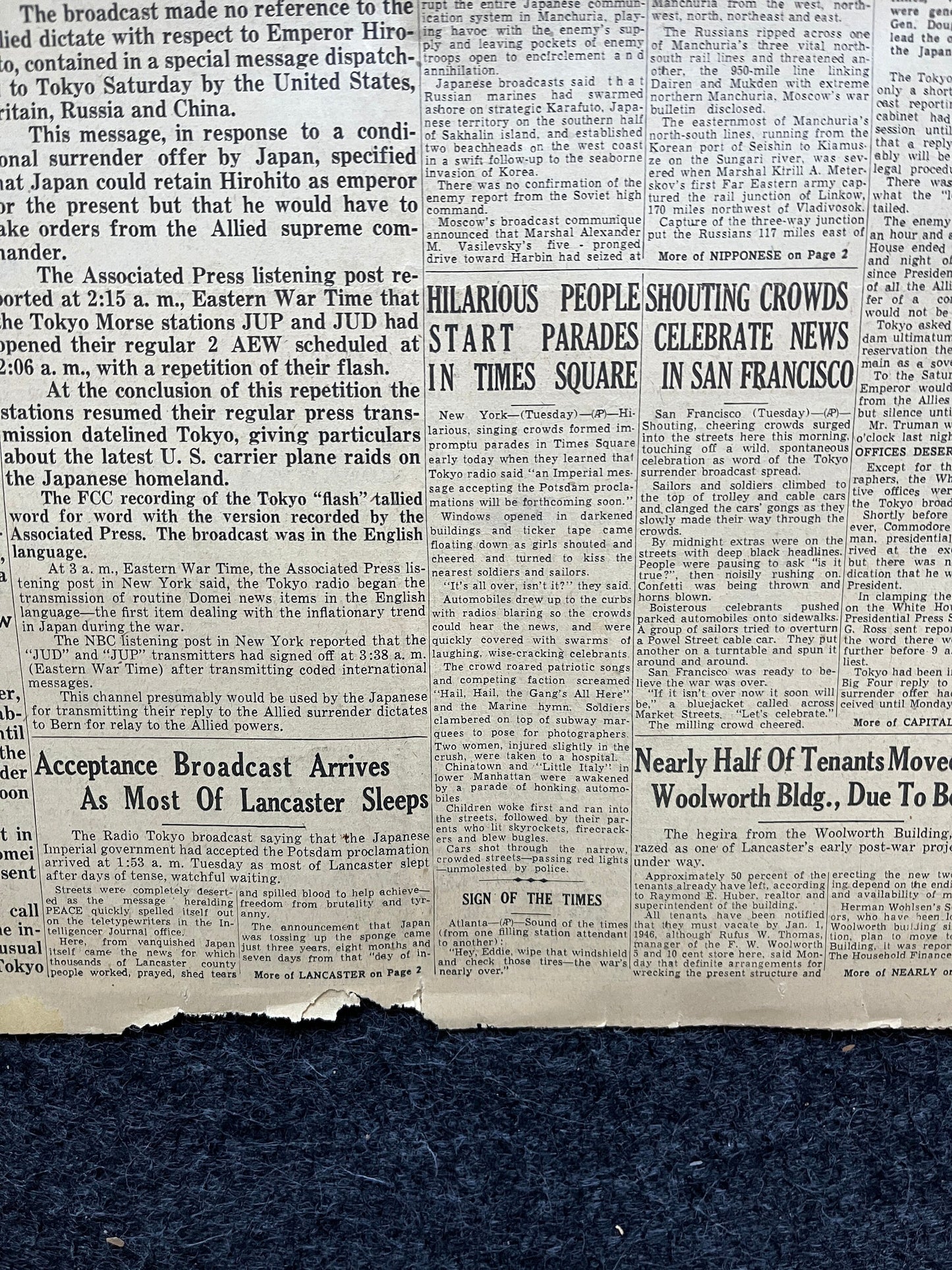 WWII Japanese Surrender - Day Before VJ Day - Extra Vintage Newspaper - Japan Unconditionally Surrenders