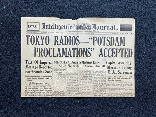 WWII Japanese Surrender - Day Before VJ Day - Extra Vintage Newspaper - Japan Unconditionally Surrenders