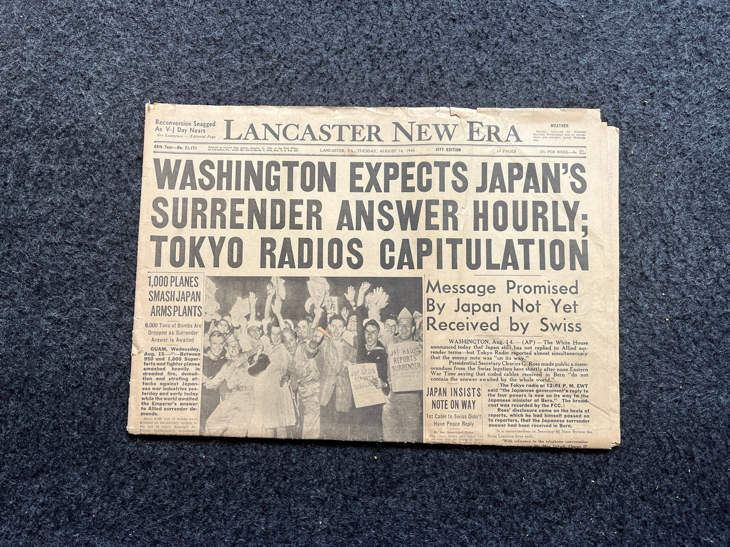 WWII Japanese Surrender - Day Before VJ Day - Extra Vintage Newspaper - Japan Unconditionally Surrenders