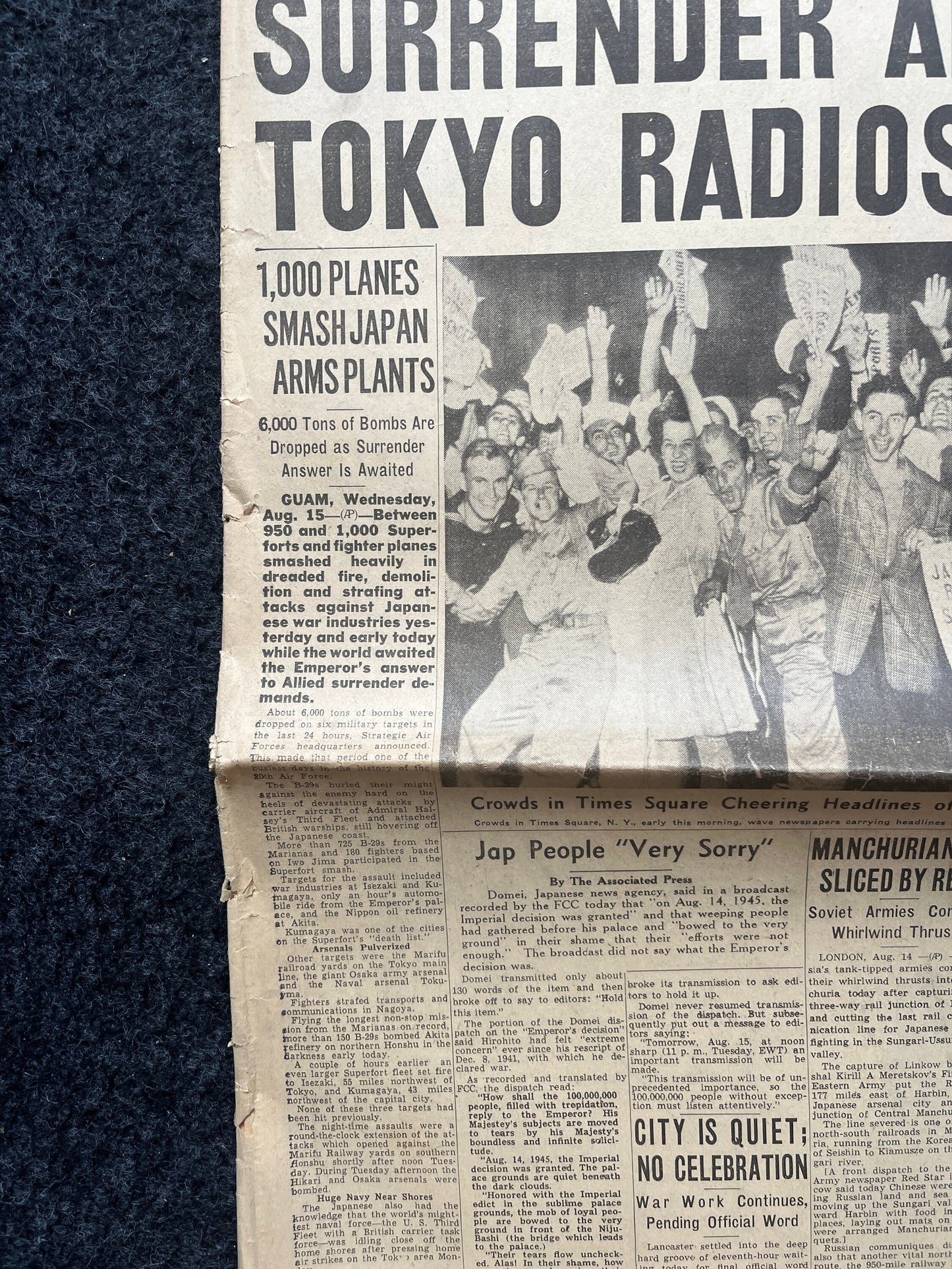 WWII Japanese Surrender - Day Before VJ Day - Extra Vintage Newspaper - Japan Unconditionally Surrenders