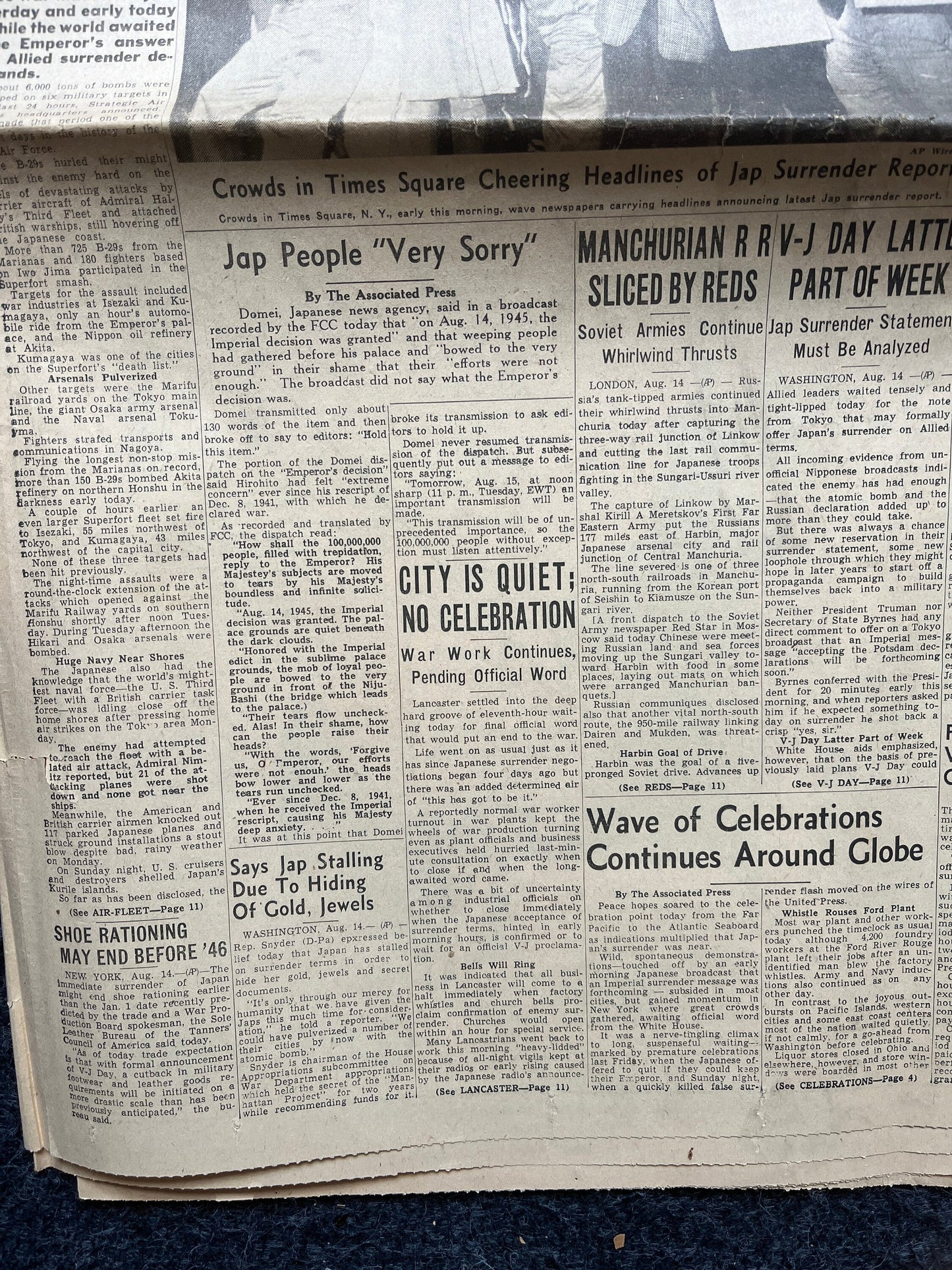 WWII Japanese Surrender - Day Before VJ Day - Extra Vintage Newspaper - Japan Unconditionally Surrenders