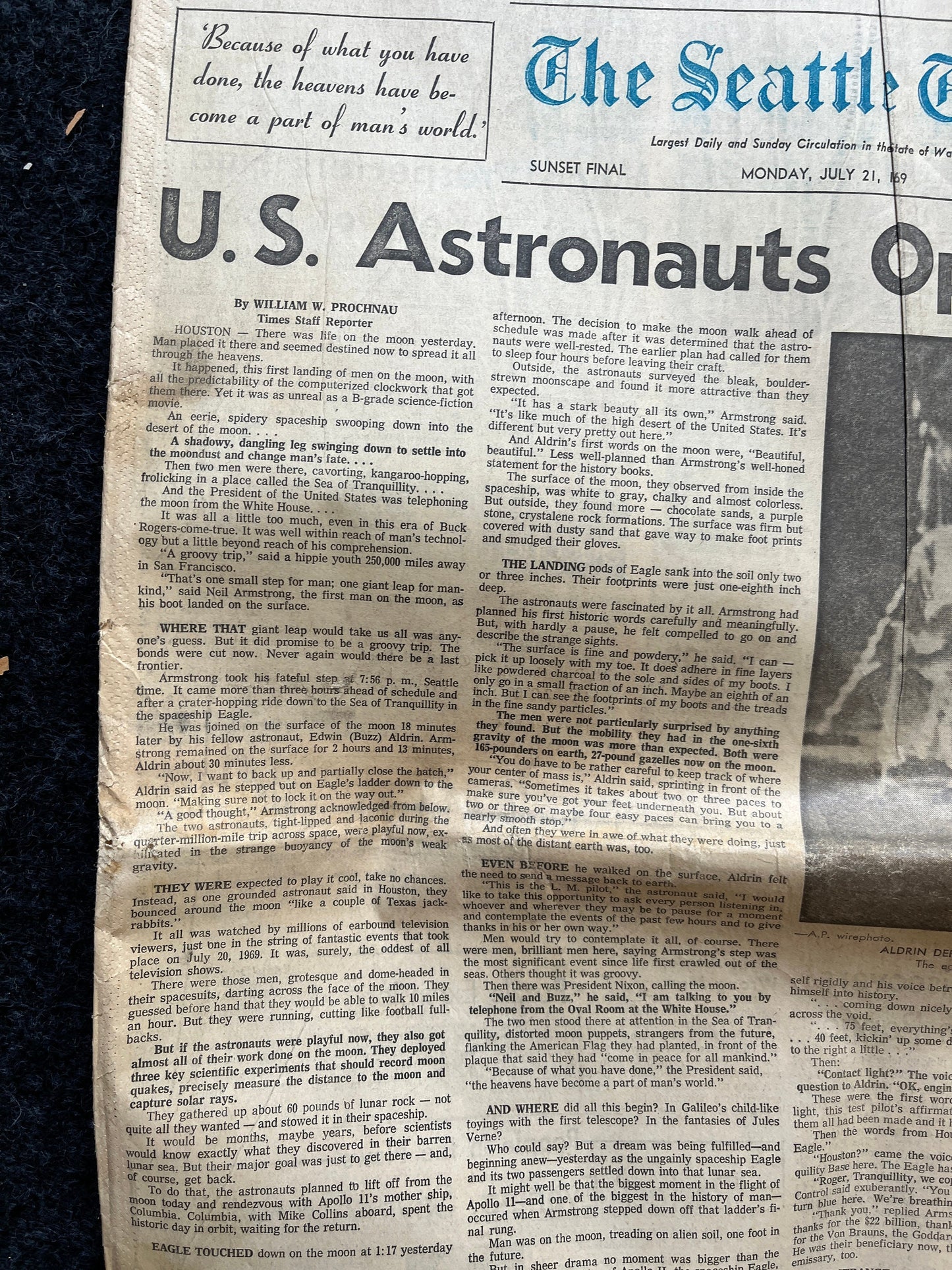 Original Moon Landing Vintage Newspaper - NASA Apollo 11 Program Moonwalk - Space Race Neil Armstrong Buzz Aldrin - Gifts For Nerds, Space A