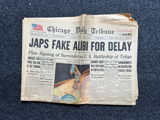 WWII Japanese Surrender - Day Before VJ Day - Extra Vintage Newspaper, vintage newspaper, ww2 memorabilia, history gifts, japanese artwork