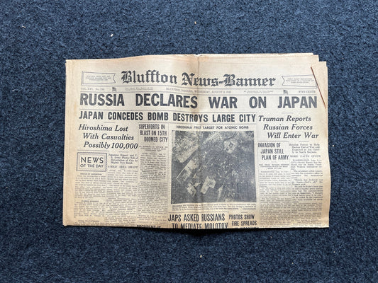 1945 Russia Declares war on Japan, World War 2 Memorabilia Gifts, History Gifts, Historic Dates, Vintage Newspaper, Original WW2 Art, WW2 Pr