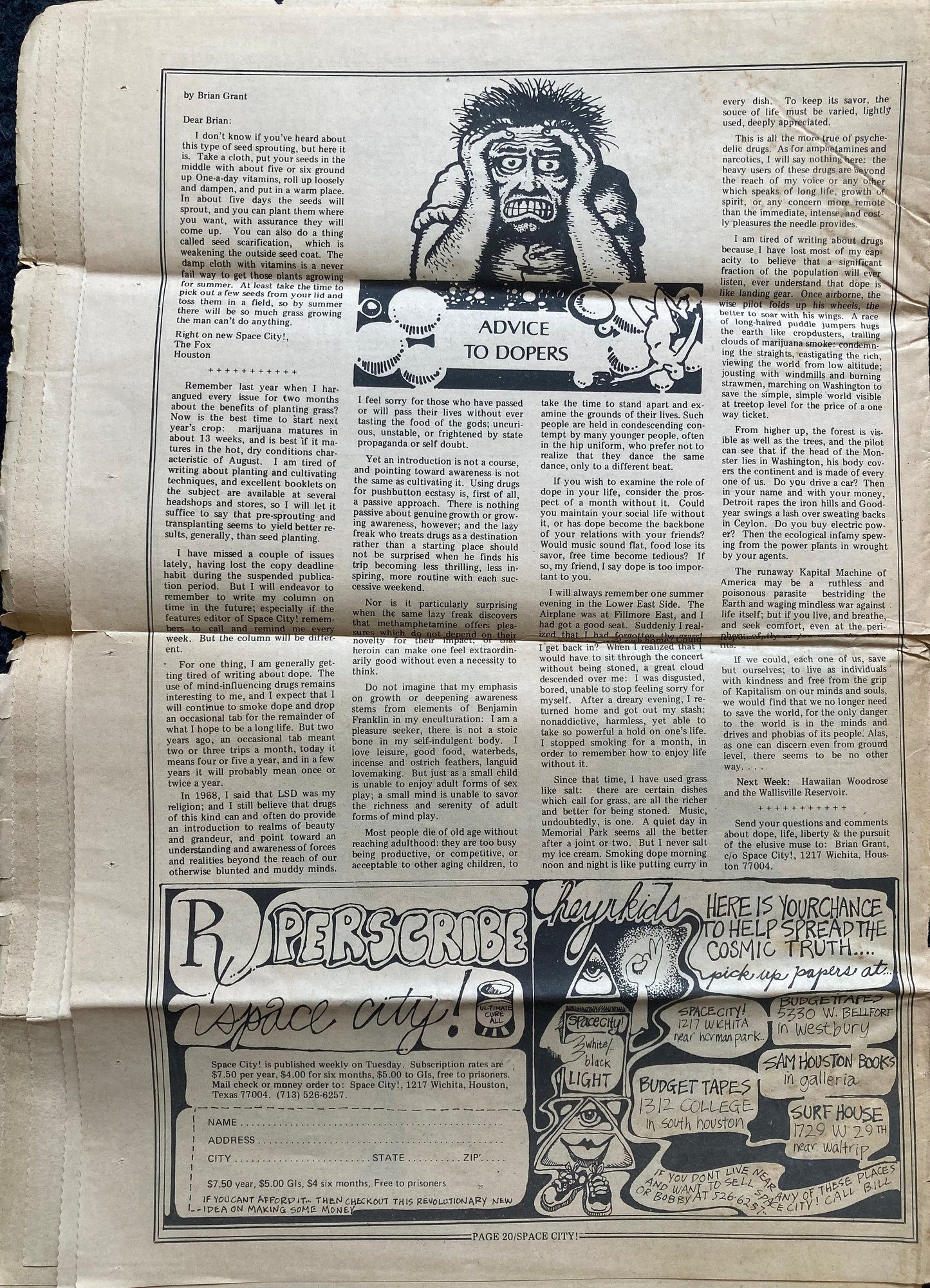 1970s Space City Houston Texas Underground Newspaper, Black Panther Party, Vintage Antique Collectibles, Hippie Grunge Art Gifts,