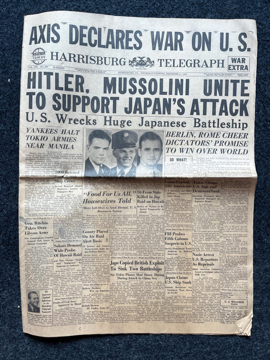 WW2 Memorabilia – Germany Italy Declare War on US – Start of World War 2 – Original Vintage Newspaper – History Gifts