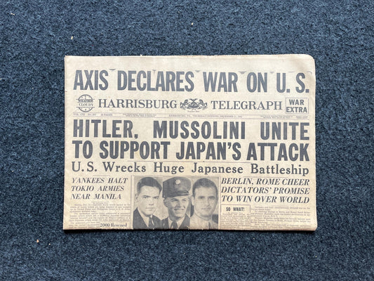 WW2 Memorabilia – Germany Italy Declare War on US – Start of World War 2 – Original Vintage Newspaper – History Gifts