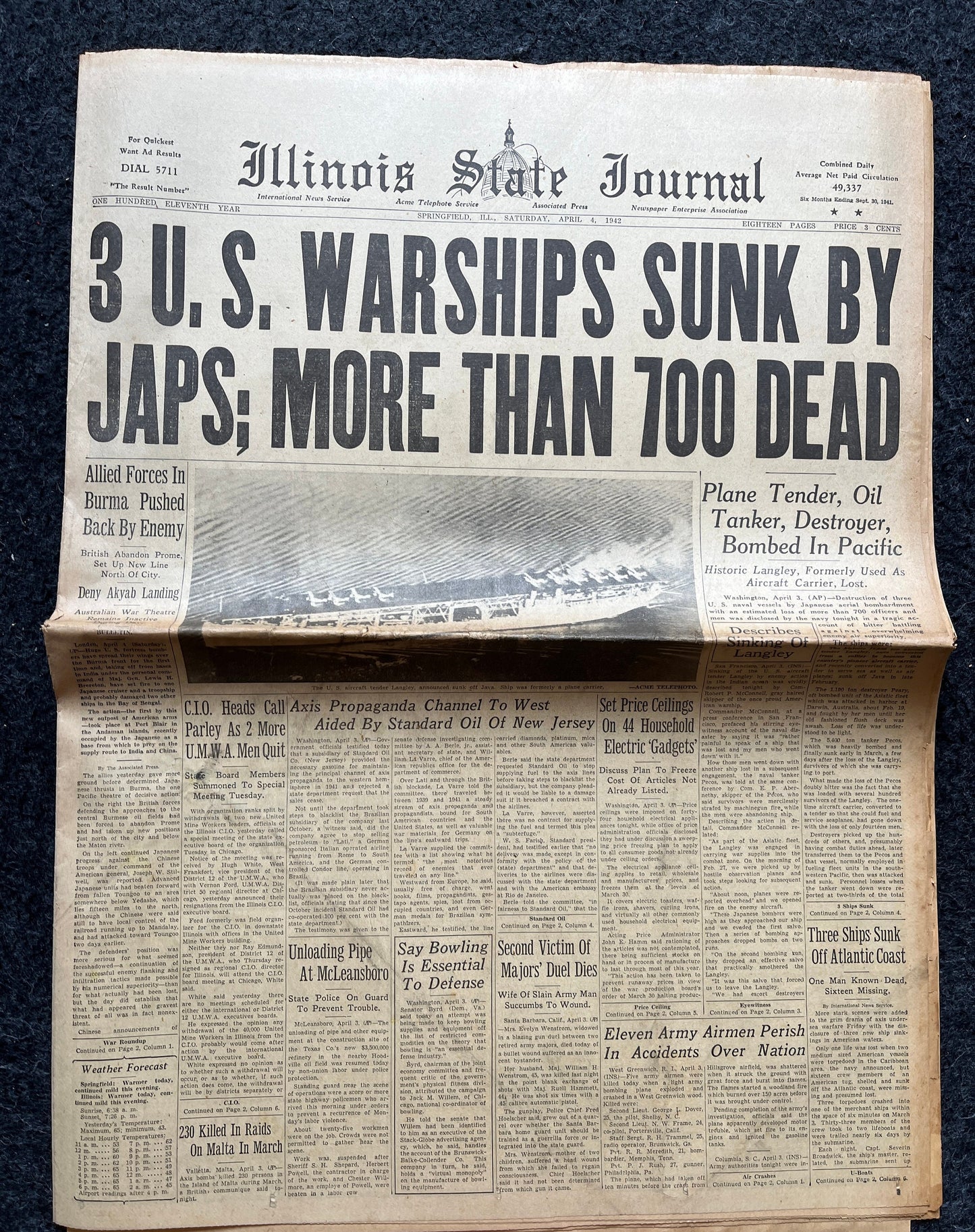 1942 Battle of Indian Ocean, WW2 Navel Memorabilia, WW2 Memorabilia Original World War 2 Newspaper - Pacific Theatre Philippines History