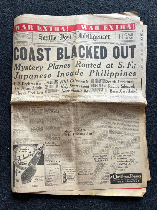 1941 WW2 San Francisco Air Raid Hoax- December 9th - Invasion of Hong Kong Guam Philippines Panama- Start of World War 2 Original Vintage