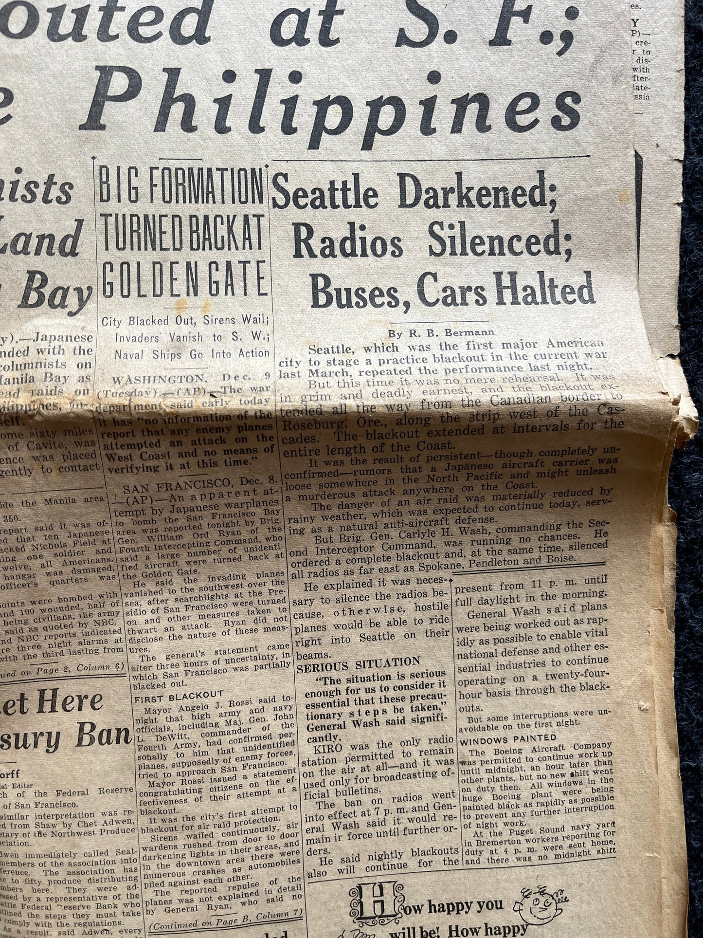 1941 WW2 San Francisco Air Raid Hoax- December 9th - Invasion of Hong Kong Guam Philippines Panama- Start of World War 2 Original Vintage