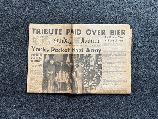 1945 WW2 FDR Death - World War 2 History- Death of President Roosevelt in World War II - Original Vintage Newspaper