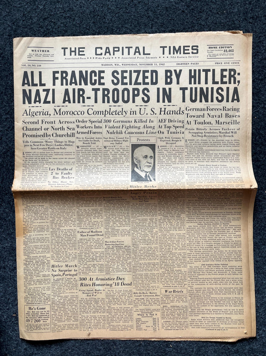 WW2 Surrender of France to Germany, Military Gifts, Gifts for Dad Him Husband, Original WW2 Memorabilia - World War 2 Vintage Newspaper