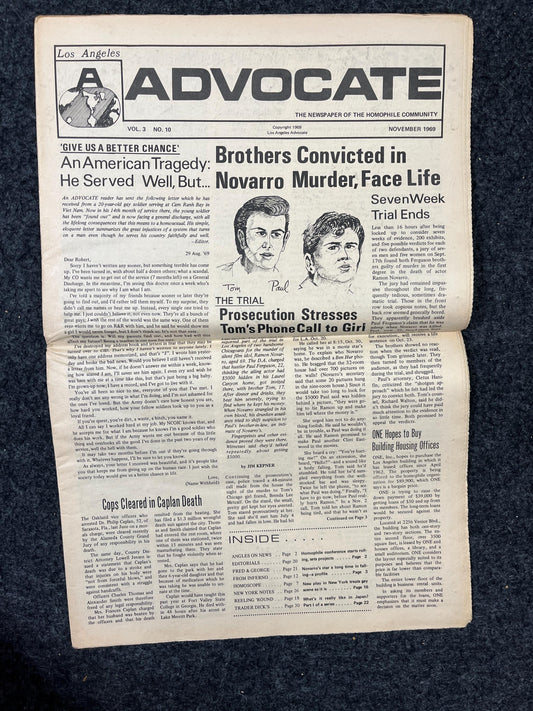 Vintage 1969 Gay Advocate LGBT Newspaper, LGBTQIA Memorabilia, Queer Gifts Artworks, Lesbian gift, Gay Books Magazine, History Gifts