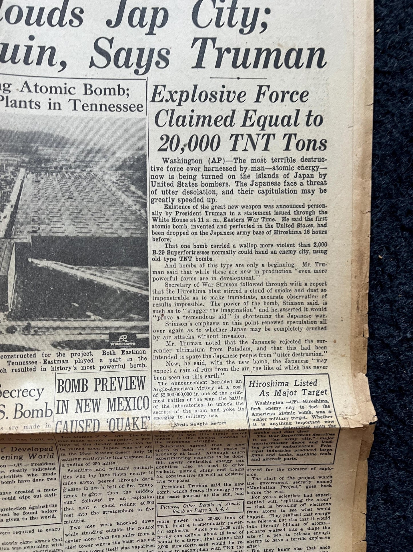 WW2 1945 Atomic Bombing of Hiroshima - World War 2 Memorabilia, WW2 Propaganda, Vintage Newspaper Collectible, Military Gifts, Buck Rogers,