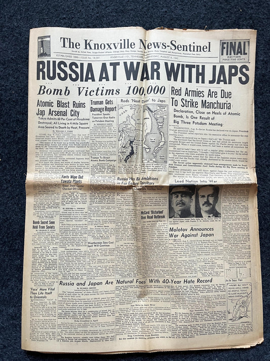 1945 Russia Declares war on Japan, World War 2 Memorabilia Gifts, History Gifts, Historic Dates, Vintage Newspaper, Original WW2 Art, WW2 Pr