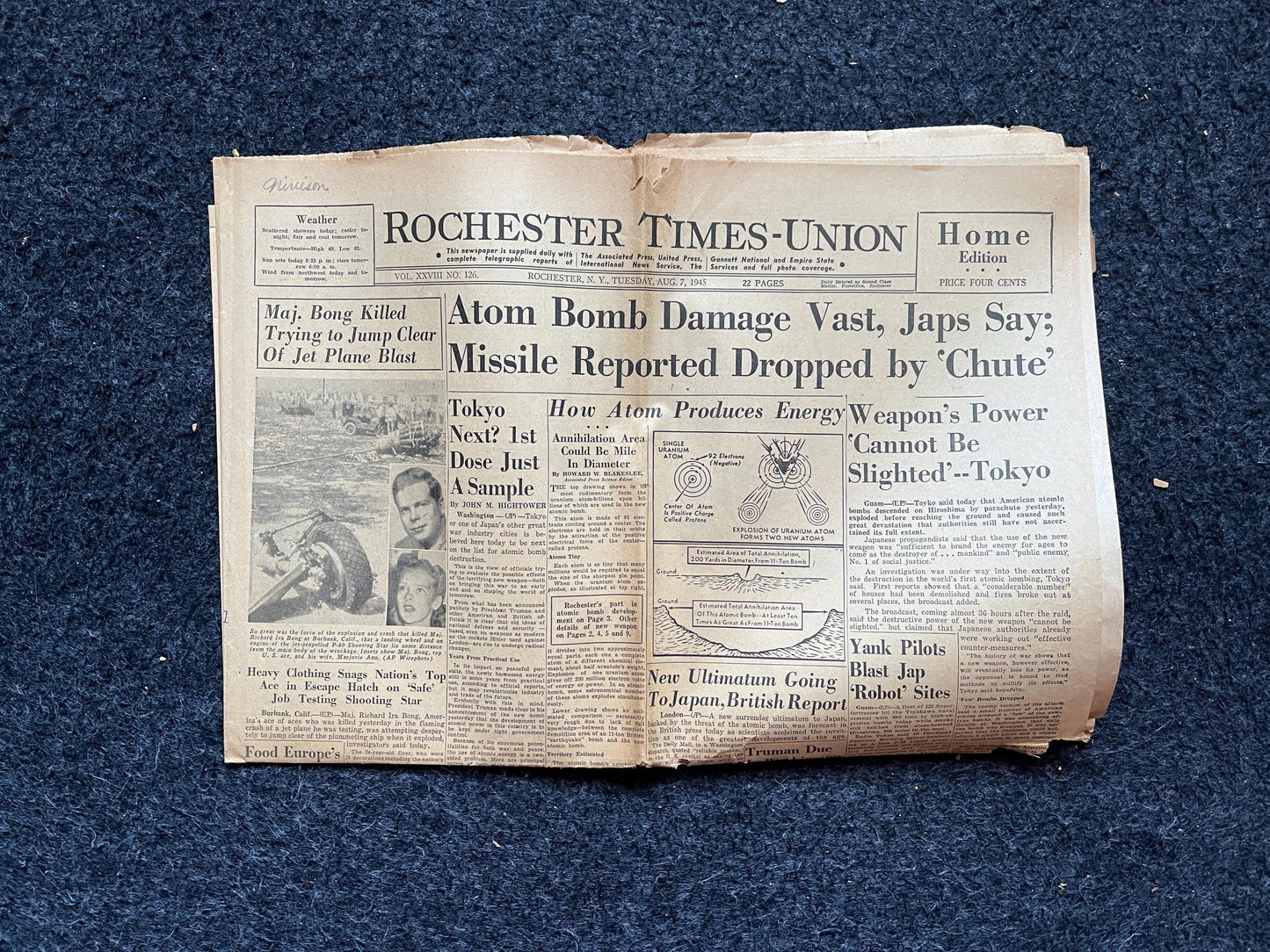 DAY OF Atomic Bombing of Hiroshima, Enola Gay, World War 2 Memorabilia, WW2 Propaganda, Vintage Newspaper Collectible, Military Gifts,