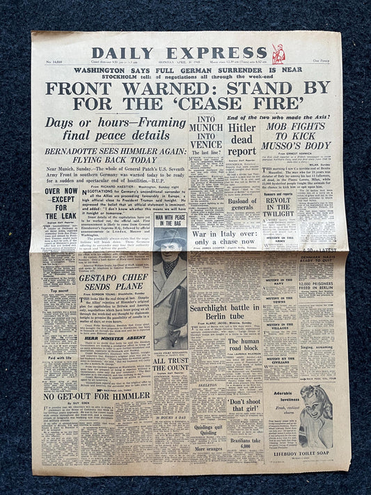 1945 Mussolini Demise and Goodbye - Late WW2 European Theatre Newspaper, Vintage World War 2 Memorabilia Newspaper, Christmas Gifts for Dad