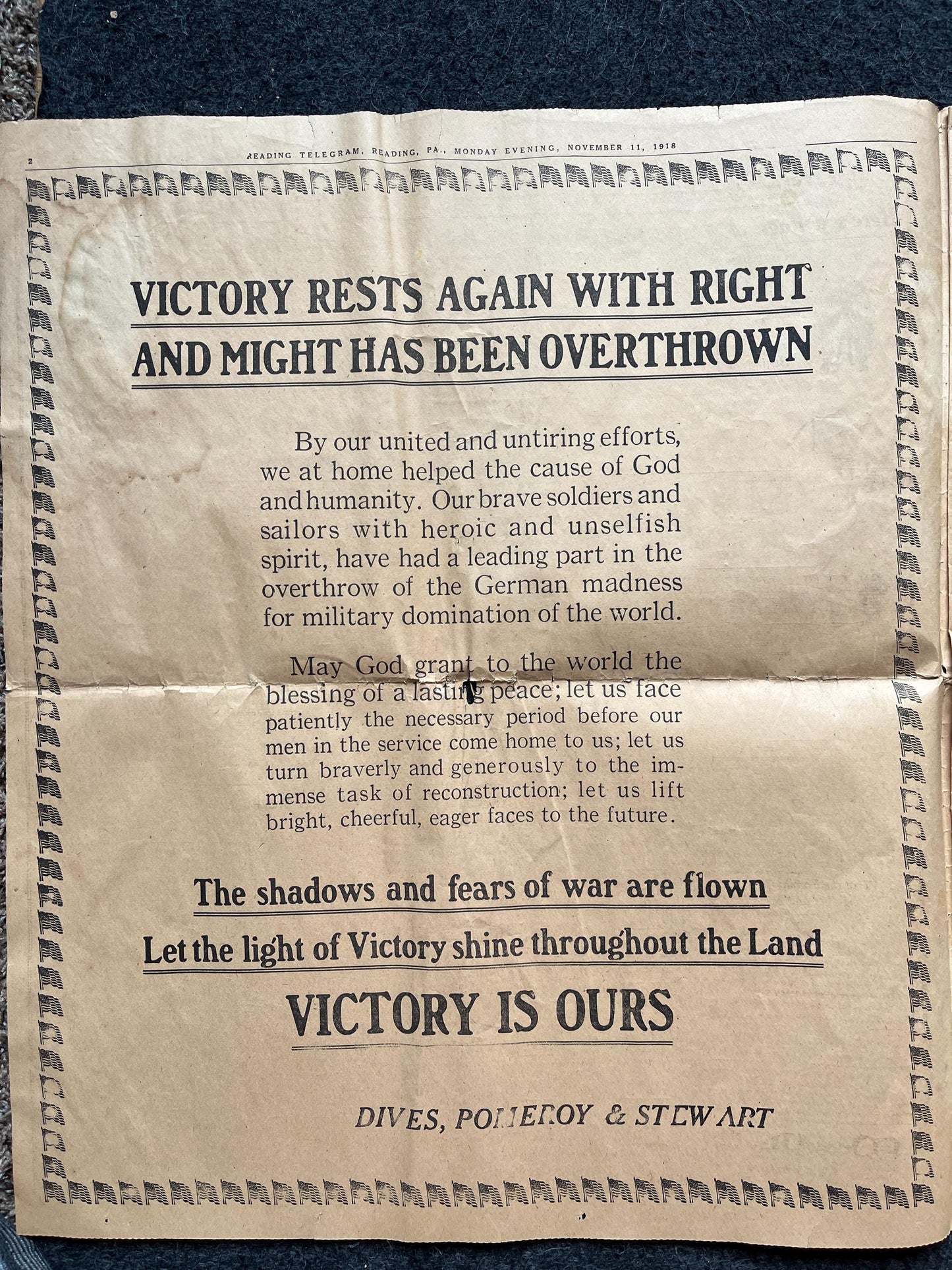 1918 Original Vintage WWI Peace Newspaper, Military Souvenirs, Vintage Christmas Gifts, Armistice Day, Veteran’s Day, military Decor Artwork